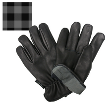 Black Leather Cruiser Gloves with Grey Check Flannel Lining