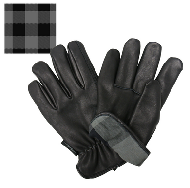 Black Leather Cruiser Gloves with Grey Check Flannel Lining