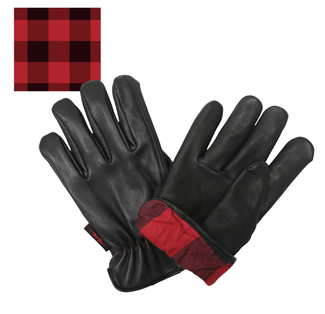 Black Leather Cruiser Gloves with Red Check Flannel Lining