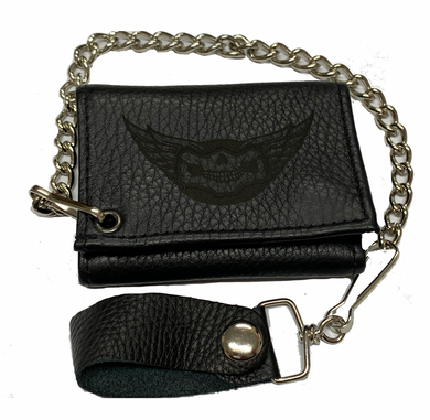  Tri Fold Soft Engrained Leather Wallet with 4 interior pockets, chain & leather belt loop