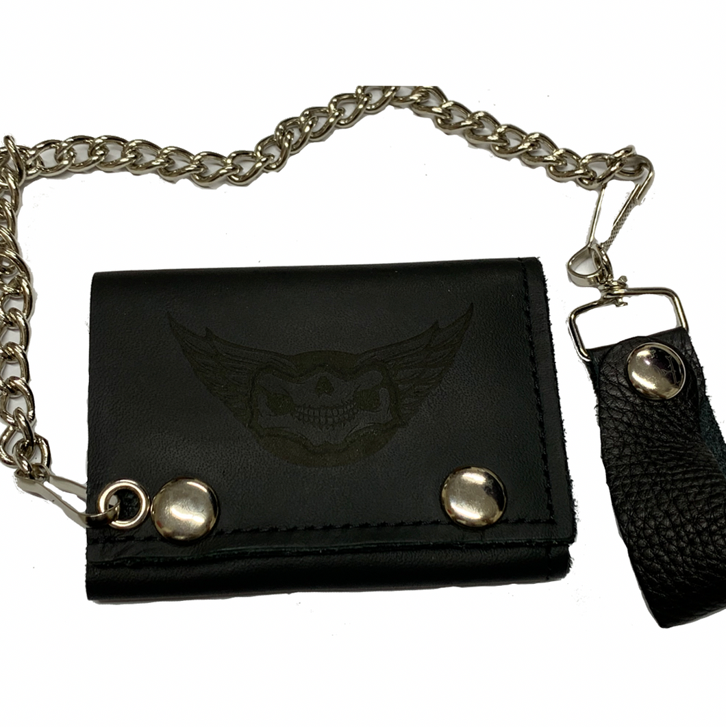  Tri Fold Soft Leather Wallet with 4 interior pockets, chain & leather belt loop